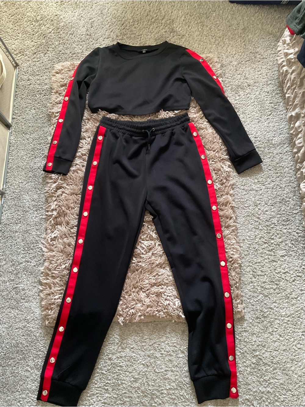 Women's Black Joggers with Red Snap-Trim Side Stripes